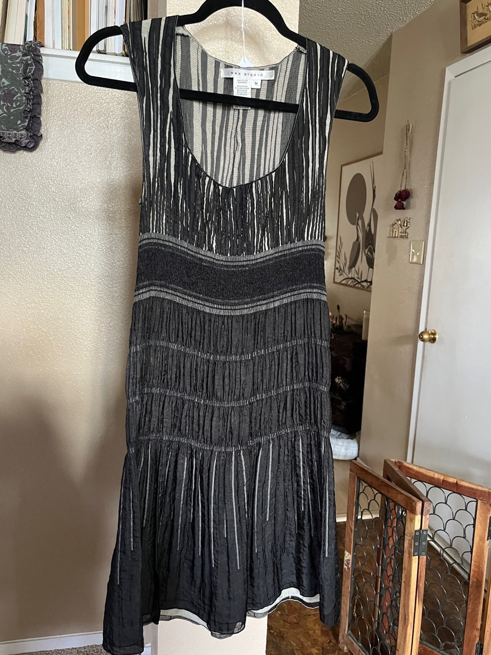 Max Studio Black and Gray Crinkle Smocked Drop Waist Midi Dress